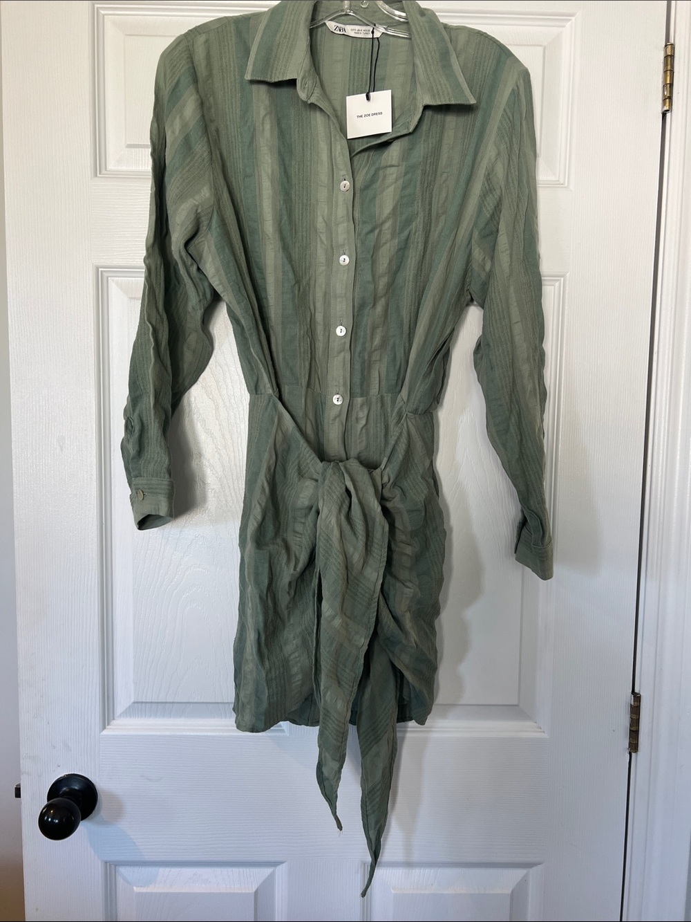 Zara Light Sage Green Button-Front Tie-Waist Shirt Dress - Picture 4 of 8